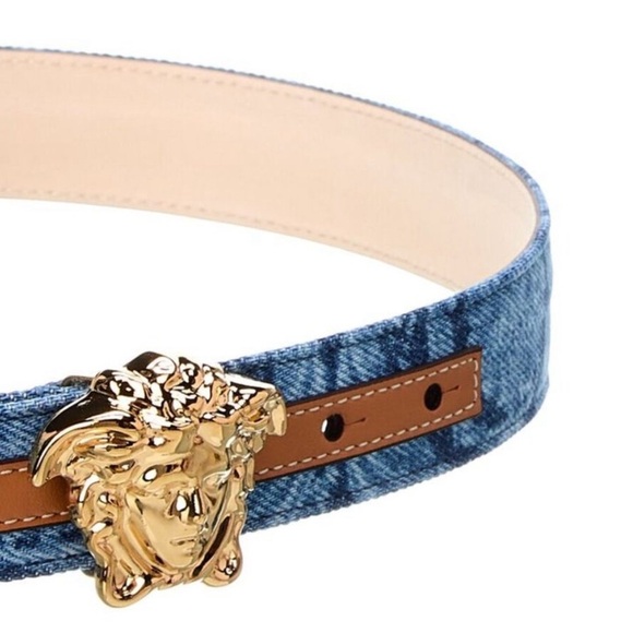 NEW VERSACE LA MEDUSA GOLD BUCKLE BAROCCO DENIM Leather Jean Belt 75/30 Medium main image 13